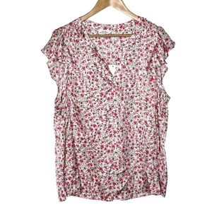 Floral Print Short Sleeve Top Pink Womens 1X Cottagecore Satin Spring
